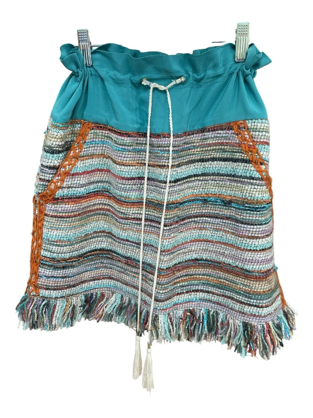Tory Burch Runway Gasparina Silk Yarn Boho Knit Fringe Mini Skirt 4 Rare Teal